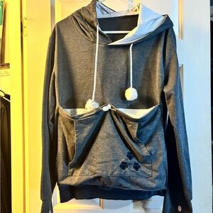 Cat pouch Hoodie with Pom-Pom Drawstrings -gray
